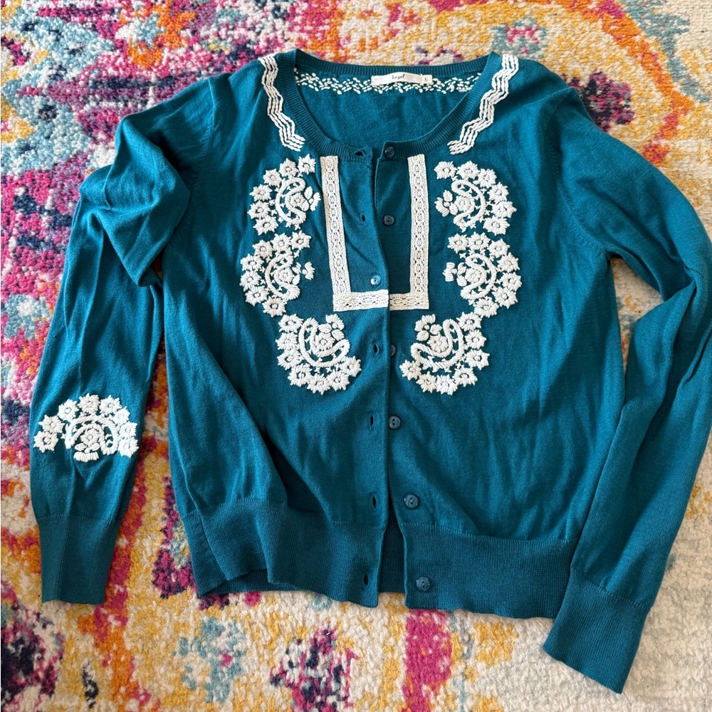 Hazel Teal Cardigan with White Lace Detail